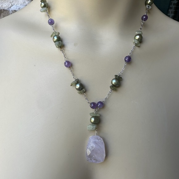 Pendant Necklace 18" Cultured Pearls Amethyst Peridot Quartz 925 Sterling 22.2g - Picture 1 of 7